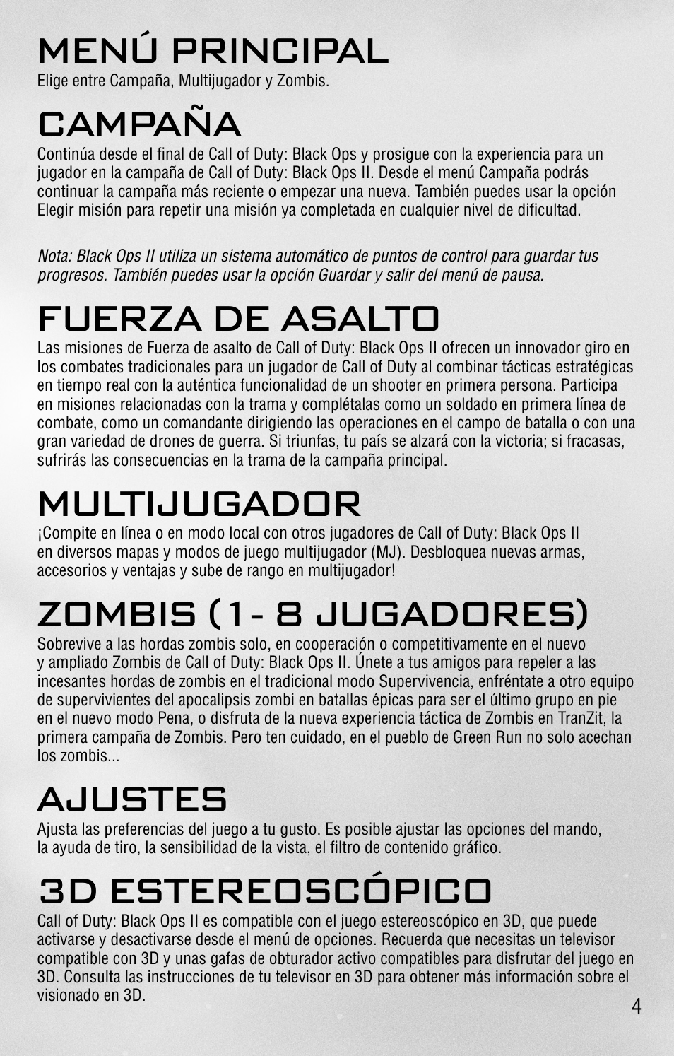 Menú principal, Campaña, Fuerza de asalto | Multijugador, Zombis (1- 8 jugadores), Ajustes, 3d estereoscópico | Activision Call of Duty: Black Ops II User Manual | Page 4 / 25