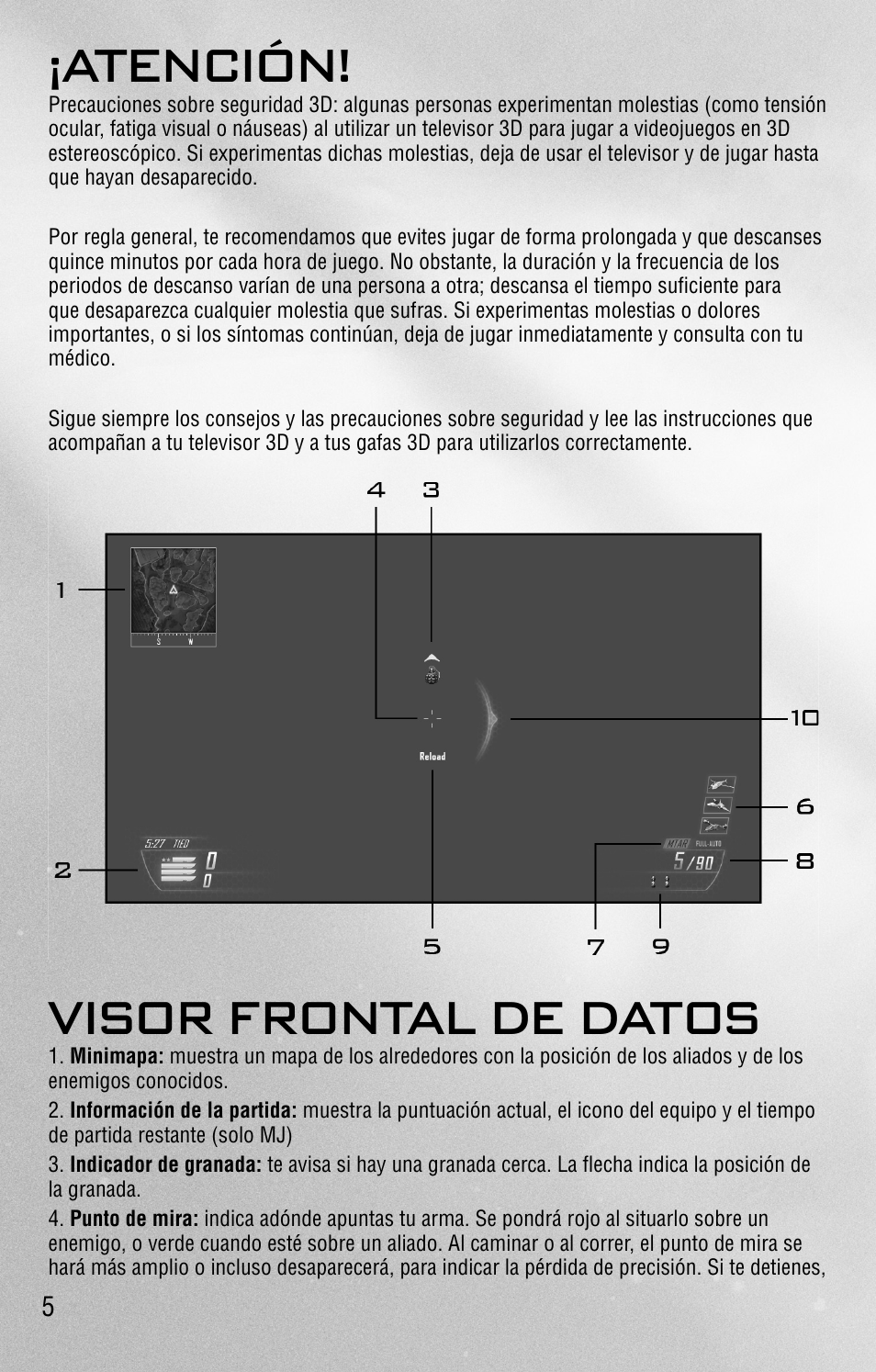 Atención, Visor frontal de datos | Activision Call of Duty: Black Ops II User Manual | Page 5 / 25