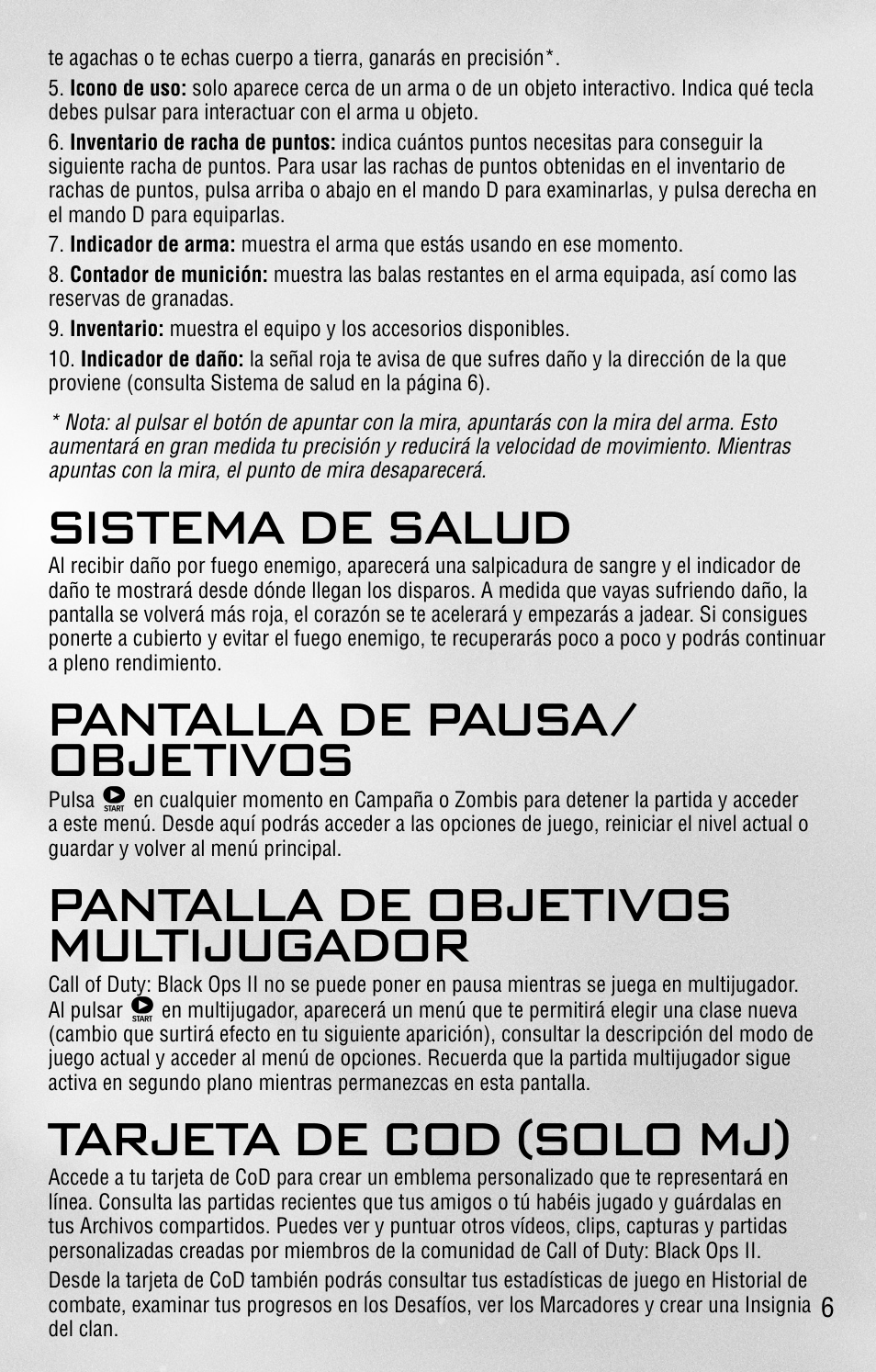 Sistema de salud, Pantalla de pausa/ objetivos, Pantalla de objetivos multijugador | Tarjeta de cod (solo mj) | Activision Call of Duty: Black Ops II User Manual | Page 6 / 25