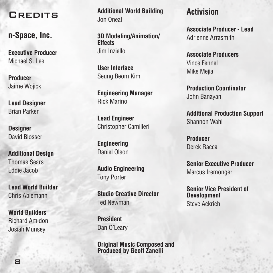 Credits, N-space, inc, Activision | Activision Call of Duty: Modern Warfare 3 User Manual | Page 10 / 18