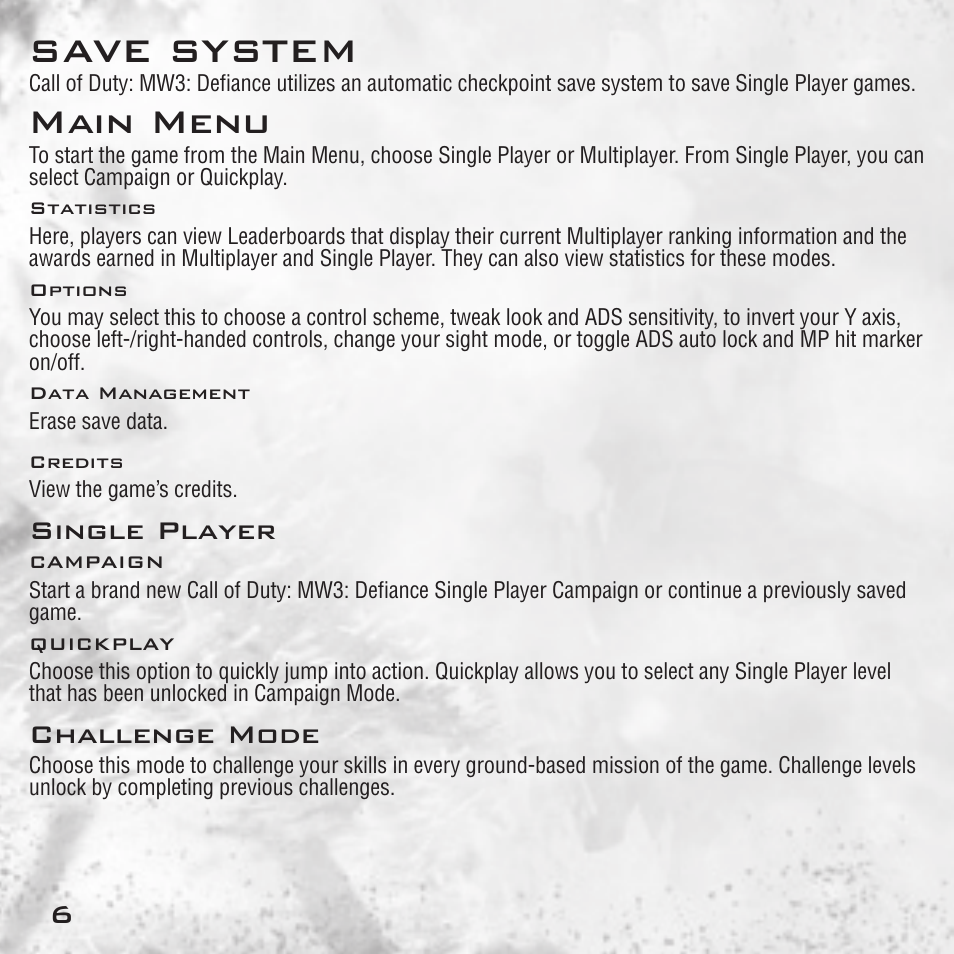 Save system, Main menu, Single player | Challenge mode | Activision Call of Duty: Modern Warfare 3 User Manual | Page 8 / 18