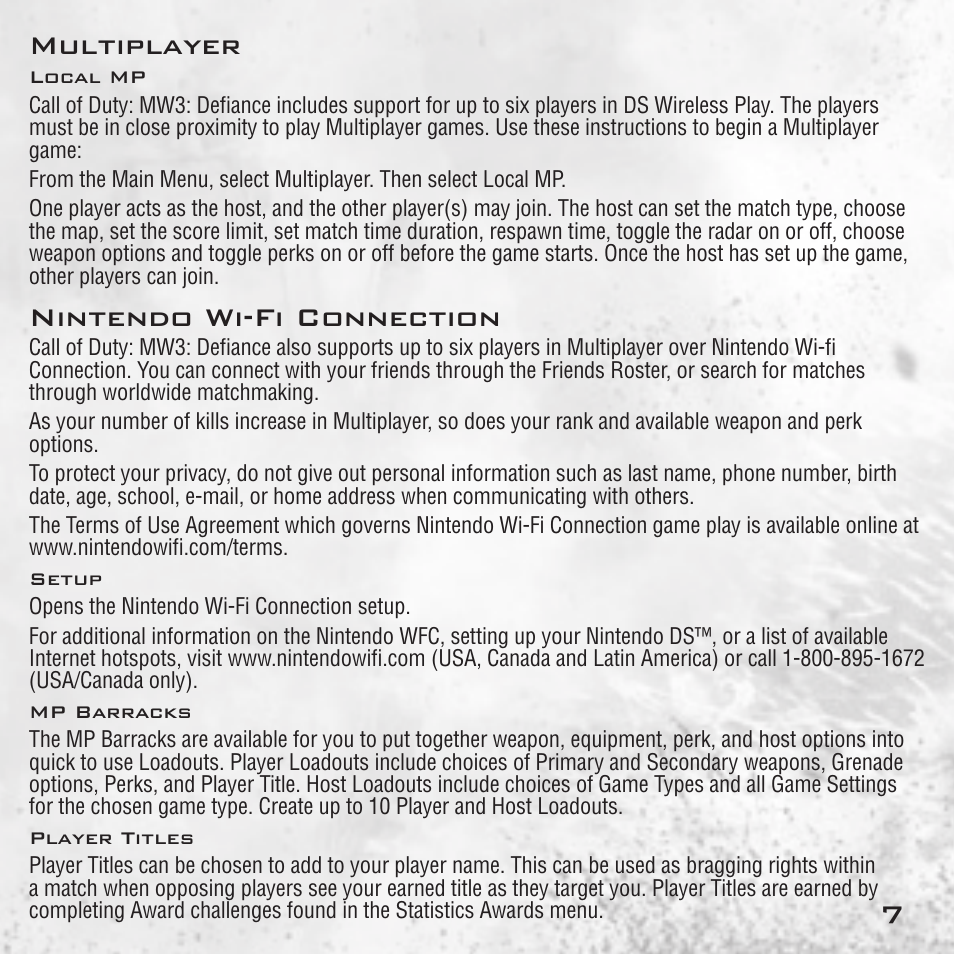 7multiplayer, Nintendo wi-fi connection | Activision Call of Duty: Modern Warfare 3 User Manual | Page 9 / 18