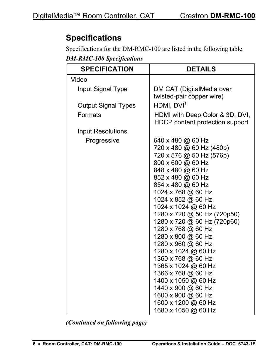 Specifications | Crestron electronic DigitalMedia Room Controller DM-RMC-100 User Manual | Page 10 / 44