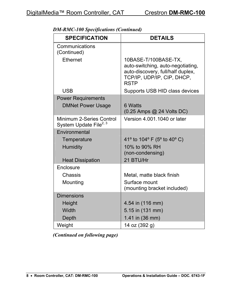 Crestron electronic DigitalMedia Room Controller DM-RMC-100 User Manual | Page 12 / 44