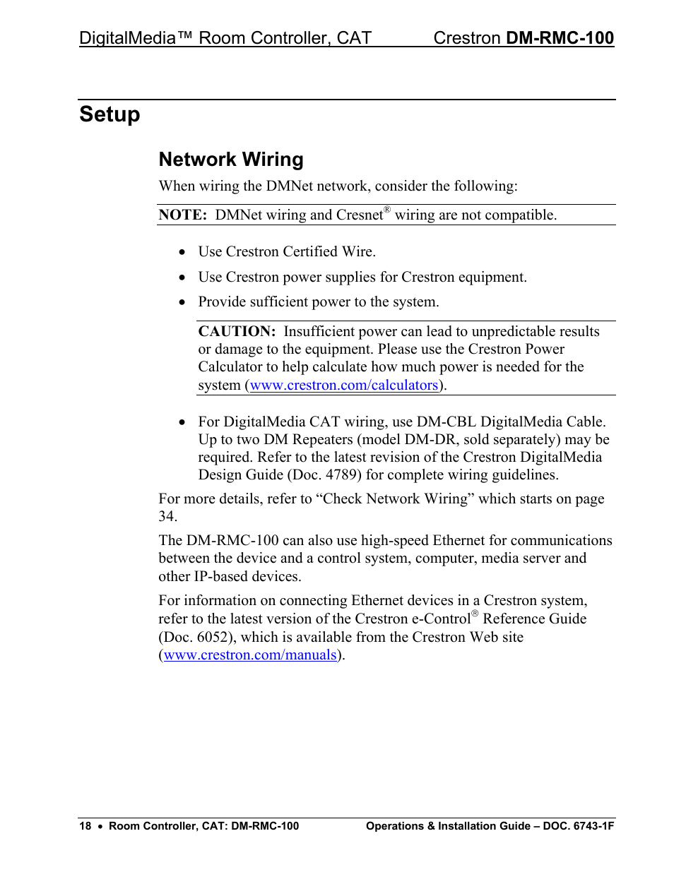 Setup, Network wiring | Crestron electronic DigitalMedia Room Controller DM-RMC-100 User Manual | Page 22 / 44