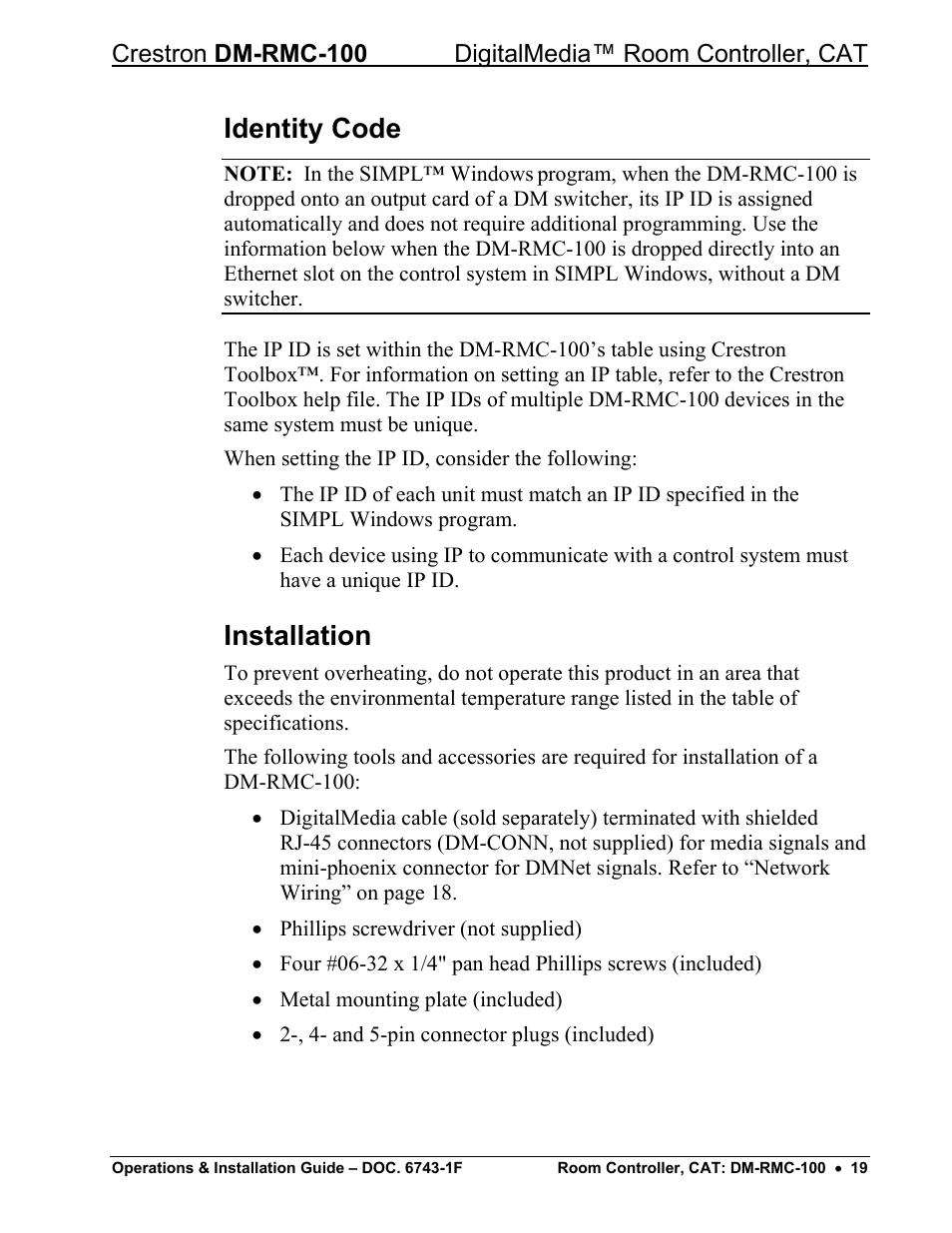 Identity code, Installation | Crestron electronic DigitalMedia Room Controller DM-RMC-100 User Manual | Page 23 / 44