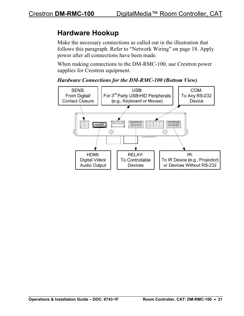 Hardware hookup | Crestron electronic DigitalMedia Room Controller DM-RMC-100 User Manual | Page 25 / 44