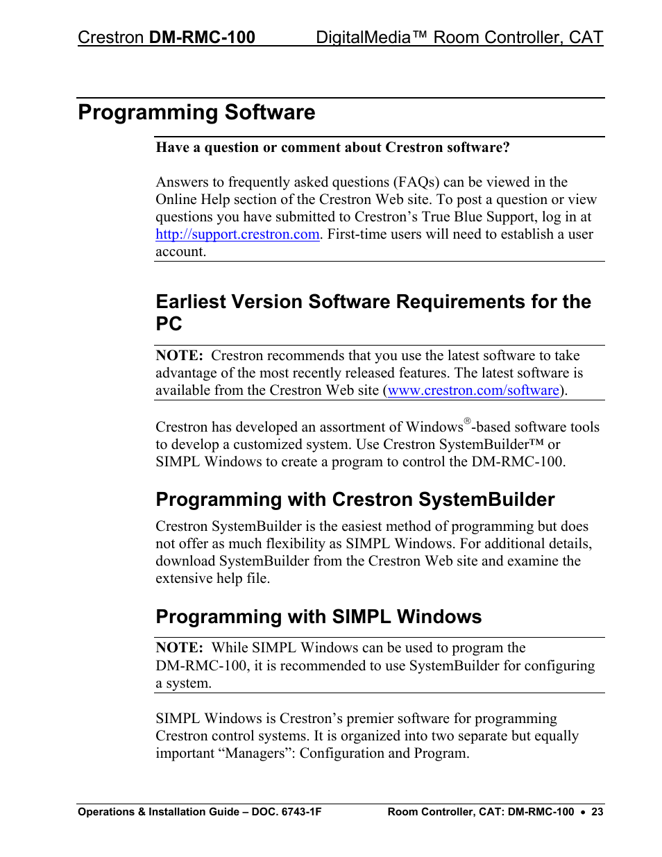 Programming software, Earliest version software requirements for the pc, Programming with crestron systembuilder | Programming with simpl windows | Crestron electronic DigitalMedia Room Controller DM-RMC-100 User Manual | Page 27 / 44