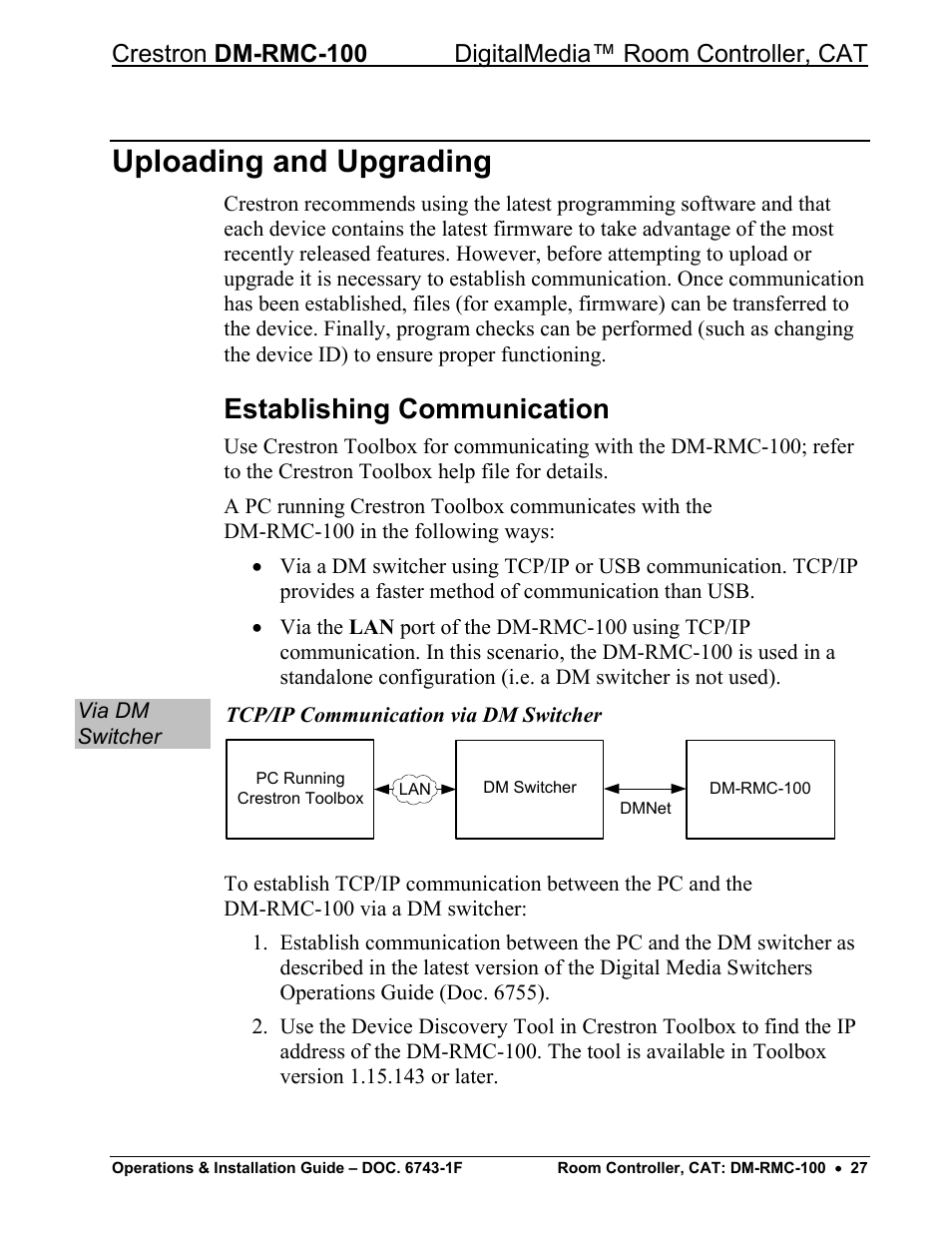 Uploading and upgrading, Establishing communication | Crestron electronic DigitalMedia Room Controller DM-RMC-100 User Manual | Page 31 / 44