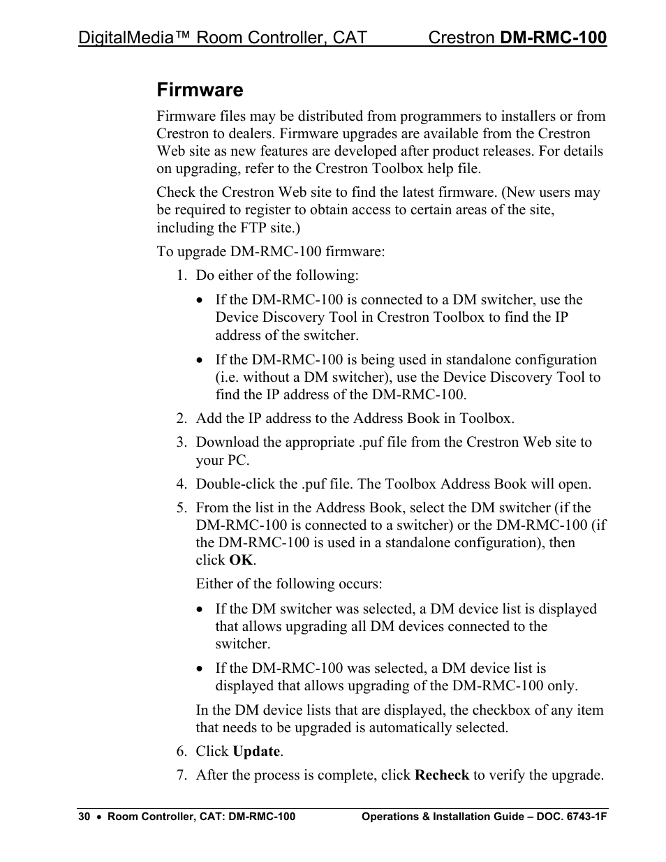 Firmware | Crestron electronic DigitalMedia Room Controller DM-RMC-100 User Manual | Page 34 / 44