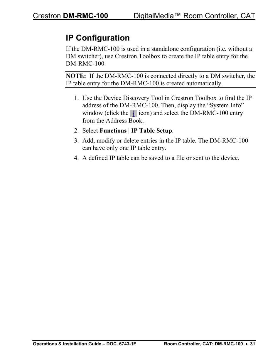 Ip configuration | Crestron electronic DigitalMedia Room Controller DM-RMC-100 User Manual | Page 35 / 44