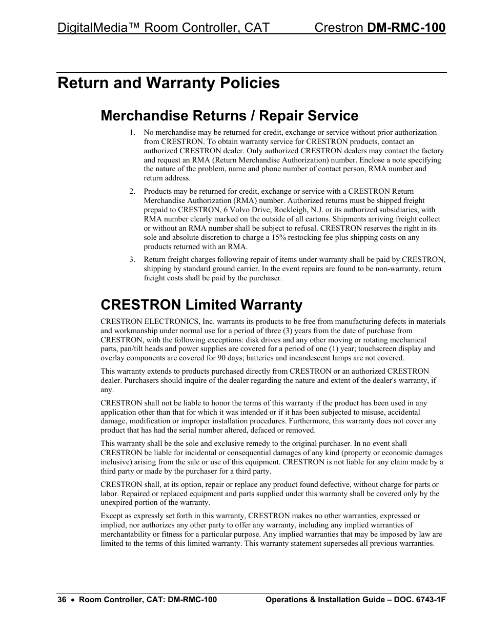 Return and warranty policies, Merchandise returns / repair service, Crestron limited warranty | Crestron electronic DigitalMedia Room Controller DM-RMC-100 User Manual | Page 40 / 44