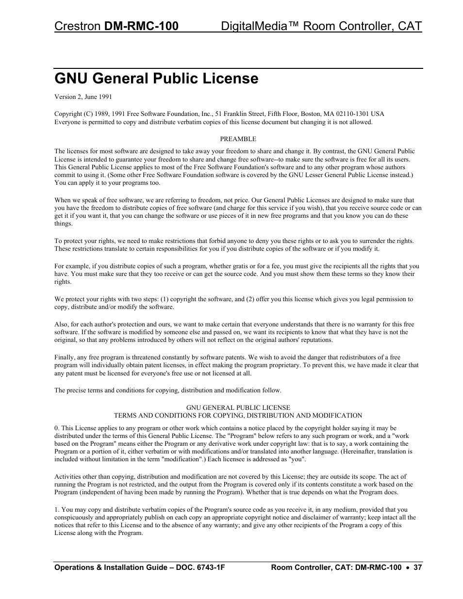 Gnu general public license | Crestron electronic DigitalMedia Room Controller DM-RMC-100 User Manual | Page 41 / 44