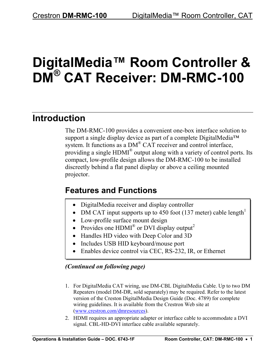 Digitalmedia™ room controller & dm® cat receiver, Introduction, Features and functions | Digitalmedia™ room controller & dm, Cat receiver: dm-rmc-100 | Crestron electronic DigitalMedia Room Controller DM-RMC-100 User Manual | Page 5 / 44