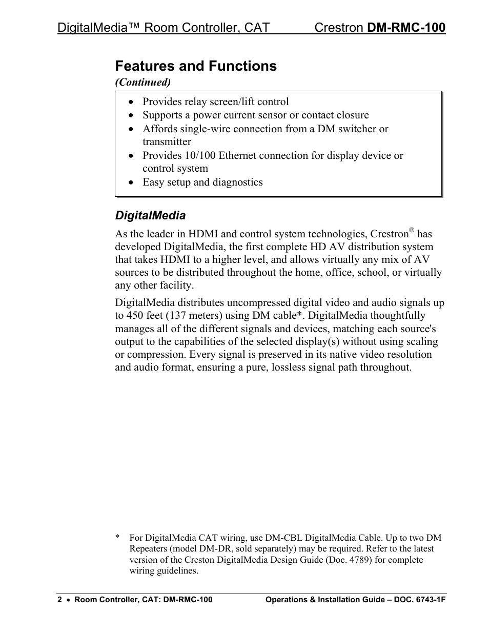 Features and functions | Crestron electronic DigitalMedia Room Controller DM-RMC-100 User Manual | Page 6 / 44