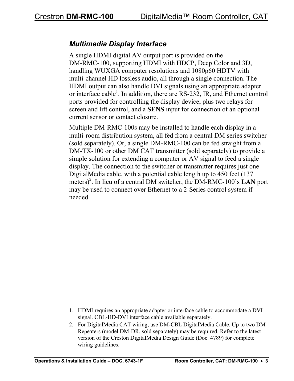 Multimedia display interface | Crestron electronic DigitalMedia Room Controller DM-RMC-100 User Manual | Page 7 / 44
