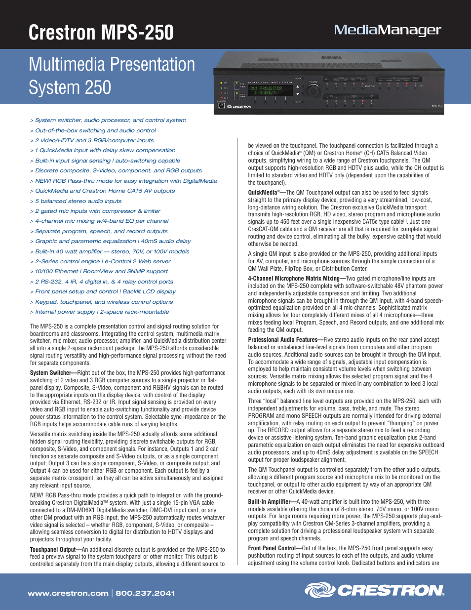 Crestron electronic Multimedia Presentation System 250 MPS-250 User Manual | 4 pages