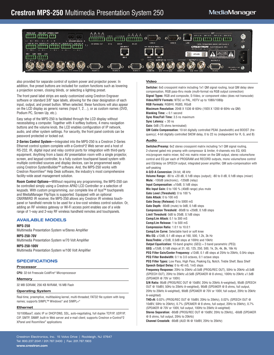 Available models, Specifications | Crestron electronic Multimedia Presentation System 250 MPS-250 User Manual | Page 2 / 4