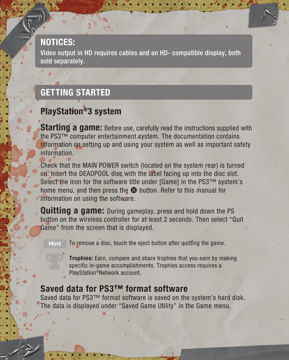 Playstation, 3 system getting started starting a game, Quitting a game | Saved data for ps3™ format software, Notices | Activision Deadpool User Manual | Page 4 / 10