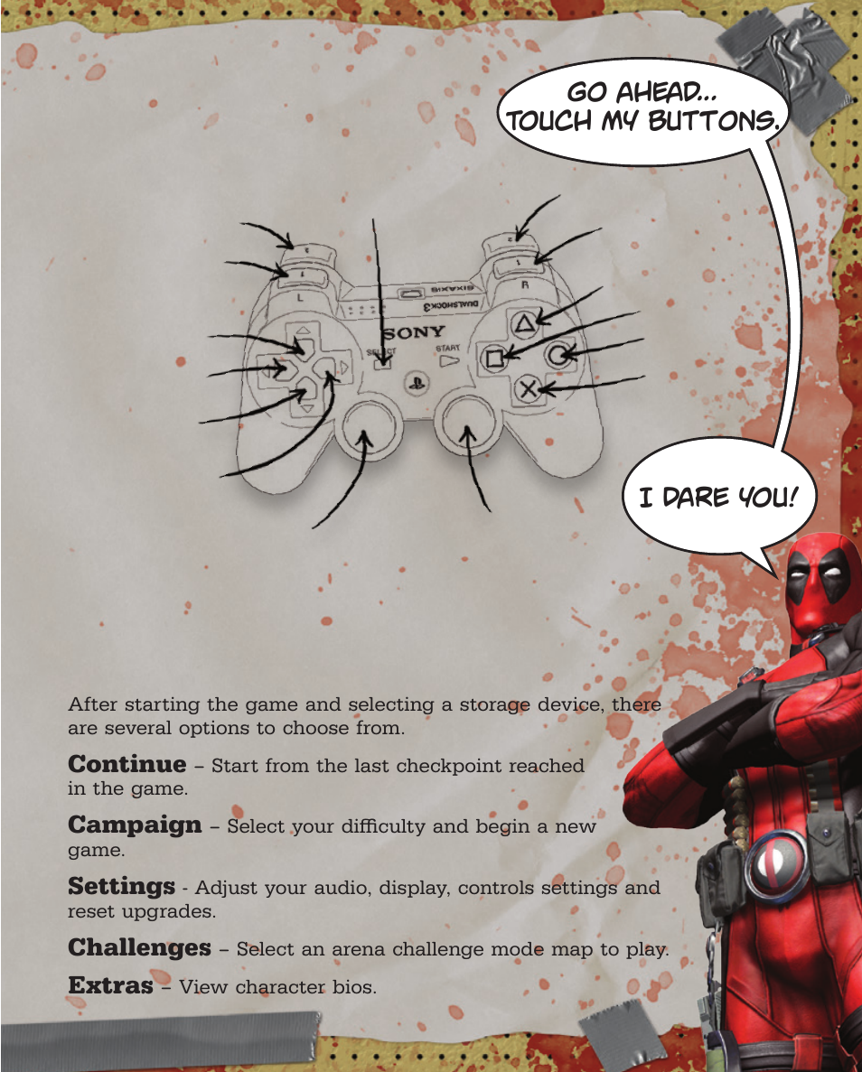 Main menu, Controls, Continue | Campaign, Settings, Challenges, Extras | Activision Deadpool User Manual | Page 5 / 10