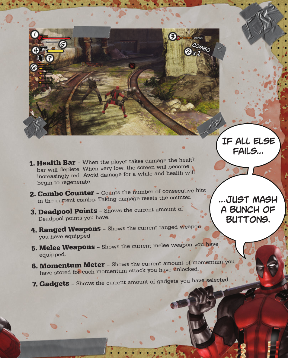 Heads-up display, Just mash a bunch of buttons. if all else fails | Activision Deadpool User Manual | Page 7 / 10