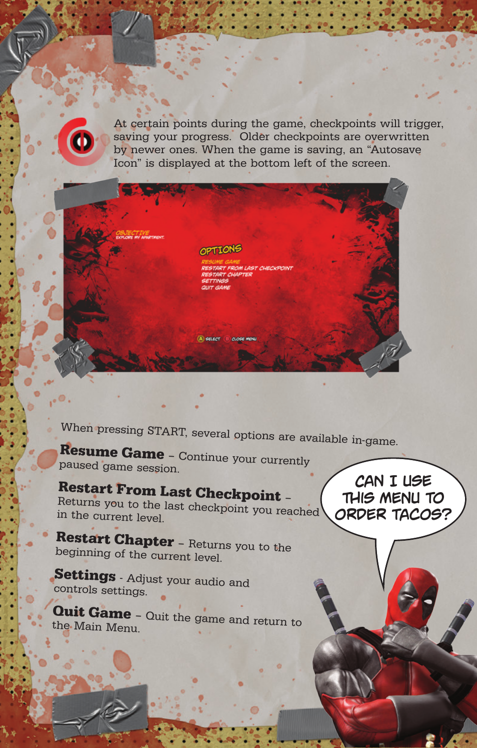 Pause menu, Saving the game | Activision Deadpool User Manual | Page 4 / 8