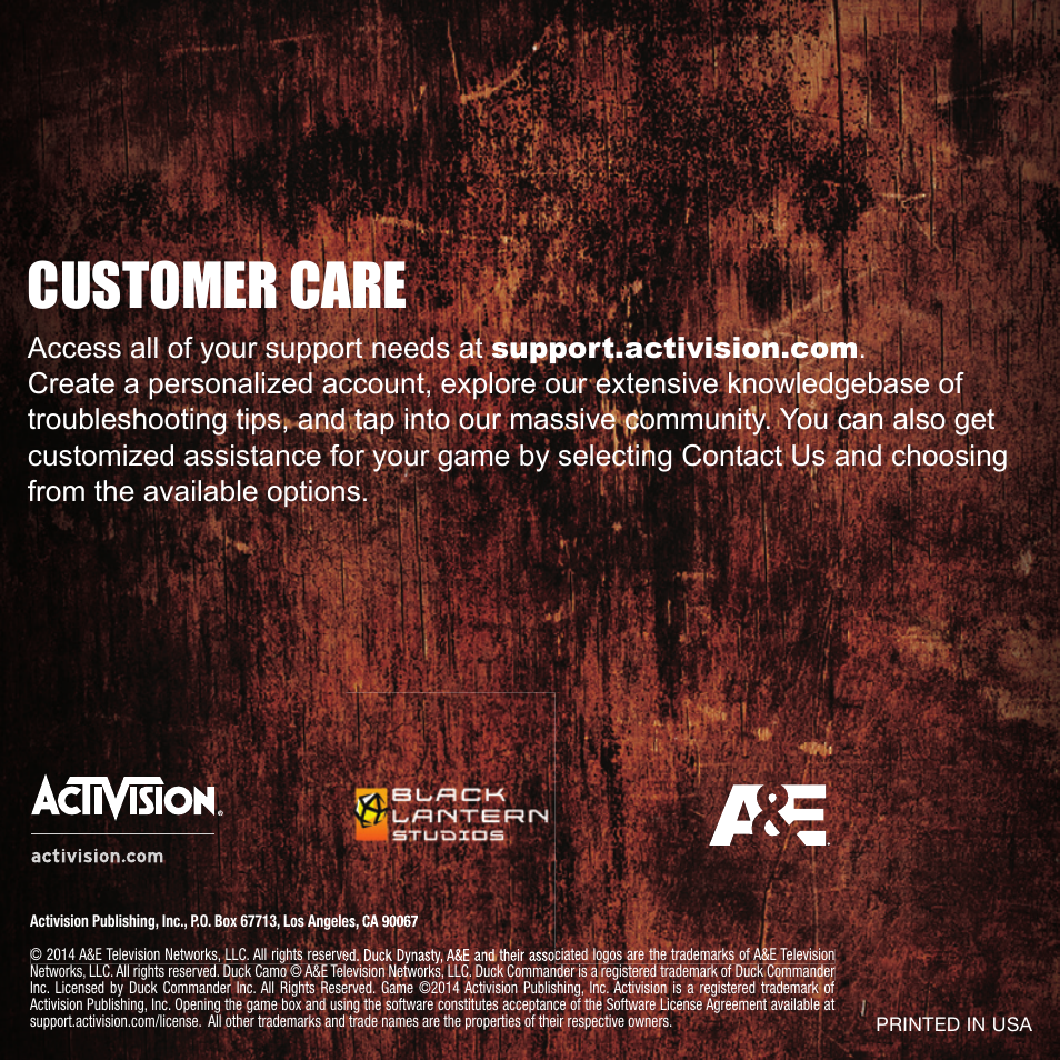 Customer care | Activision Duck Dynasty User Manual | Page 10 / 10