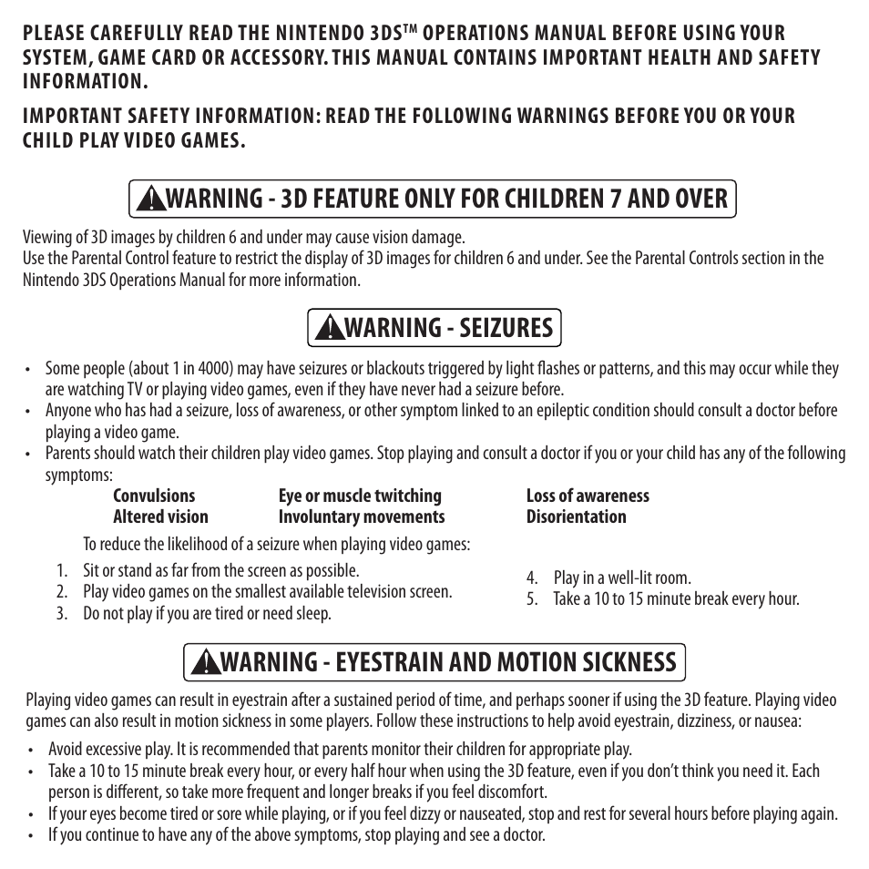 Warning - 3d feature only for children 7 and over, Warning - eyestrain and motion sickness, Warning - seizures | Activision Duck Dynasty User Manual | Page 2 / 10