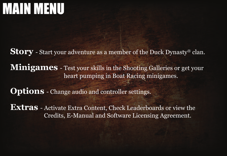 Main menu, Story, Minigames | Options, Extras | Activision Duck Dynasty User Manual | Page 7 / 14