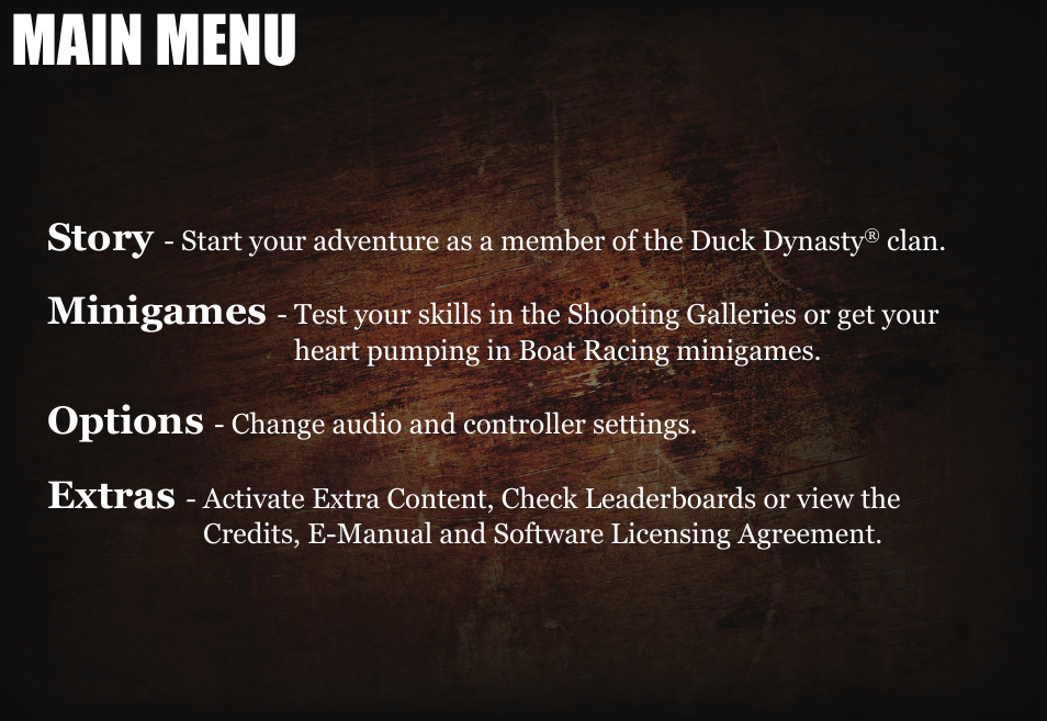 Main menu, Story, Minigames | Options, Extras | Activision Duck Dynasty User Manual | Page 11 / 13