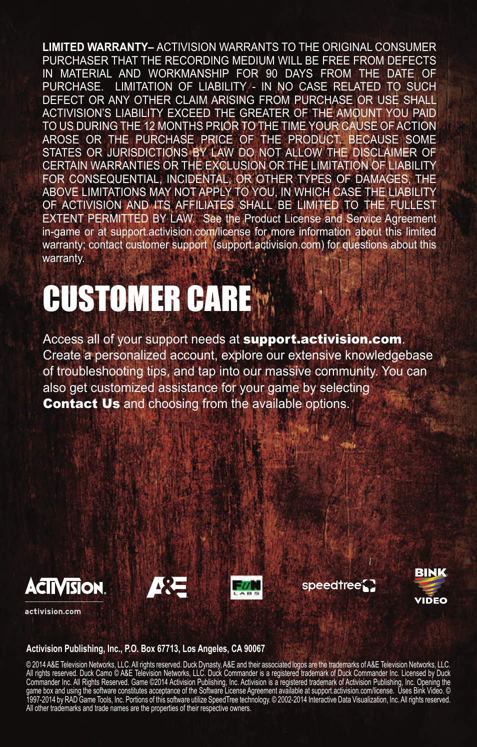 Customer care | Activision Duck Dynasty User Manual | Page 6 / 6