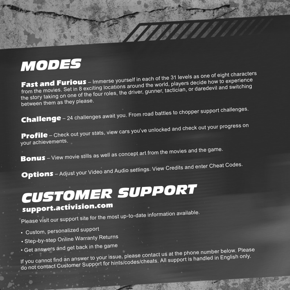 Modes, Customer support, Fast and furious | Challenge, Profile, Bonus, Options | Activision Fast & Furious: Showdown User Manual | Page 6 / 8