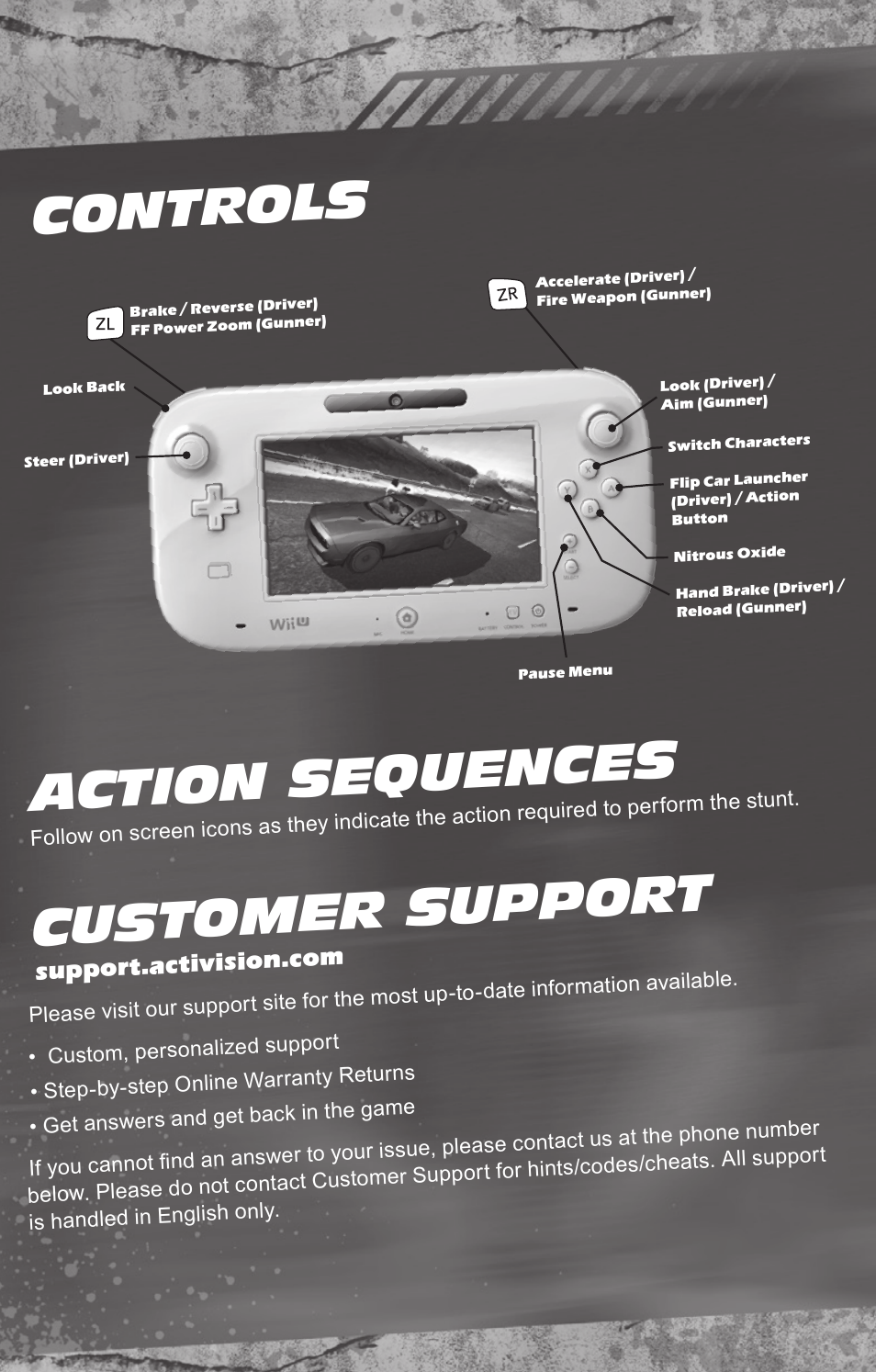 Controls action sequences, Customer suppo rt | Activision Fast & Furious: Showdown User Manual | Page 4 / 6