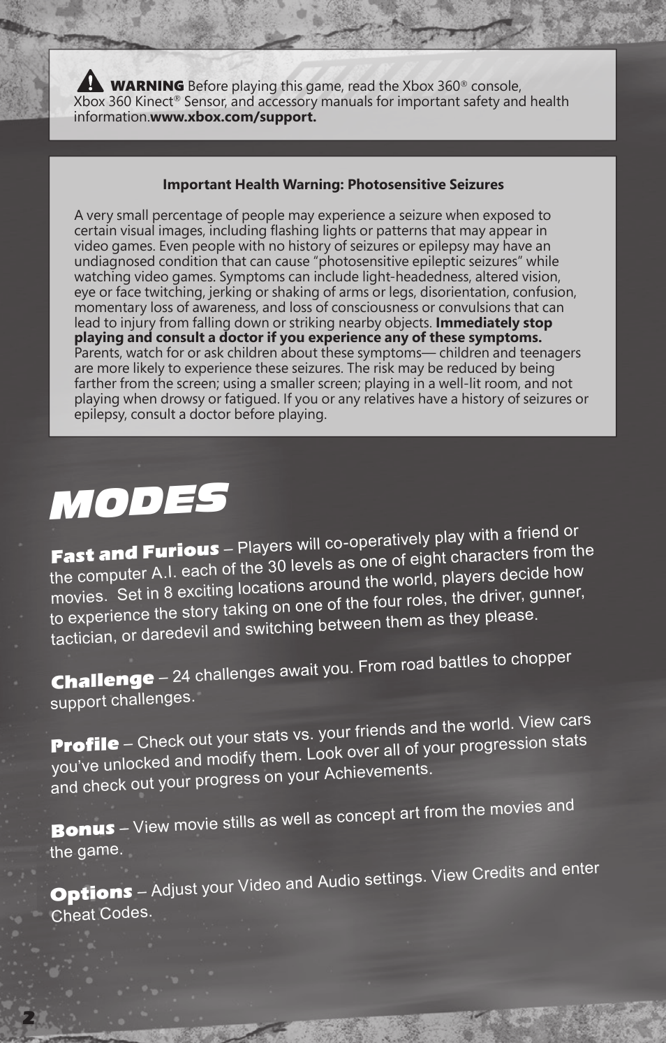 Modes, Fast and furious, Challenge | Profile, Bonus, Options | Activision Fast & Furious: Showdown User Manual | Page 2 / 4