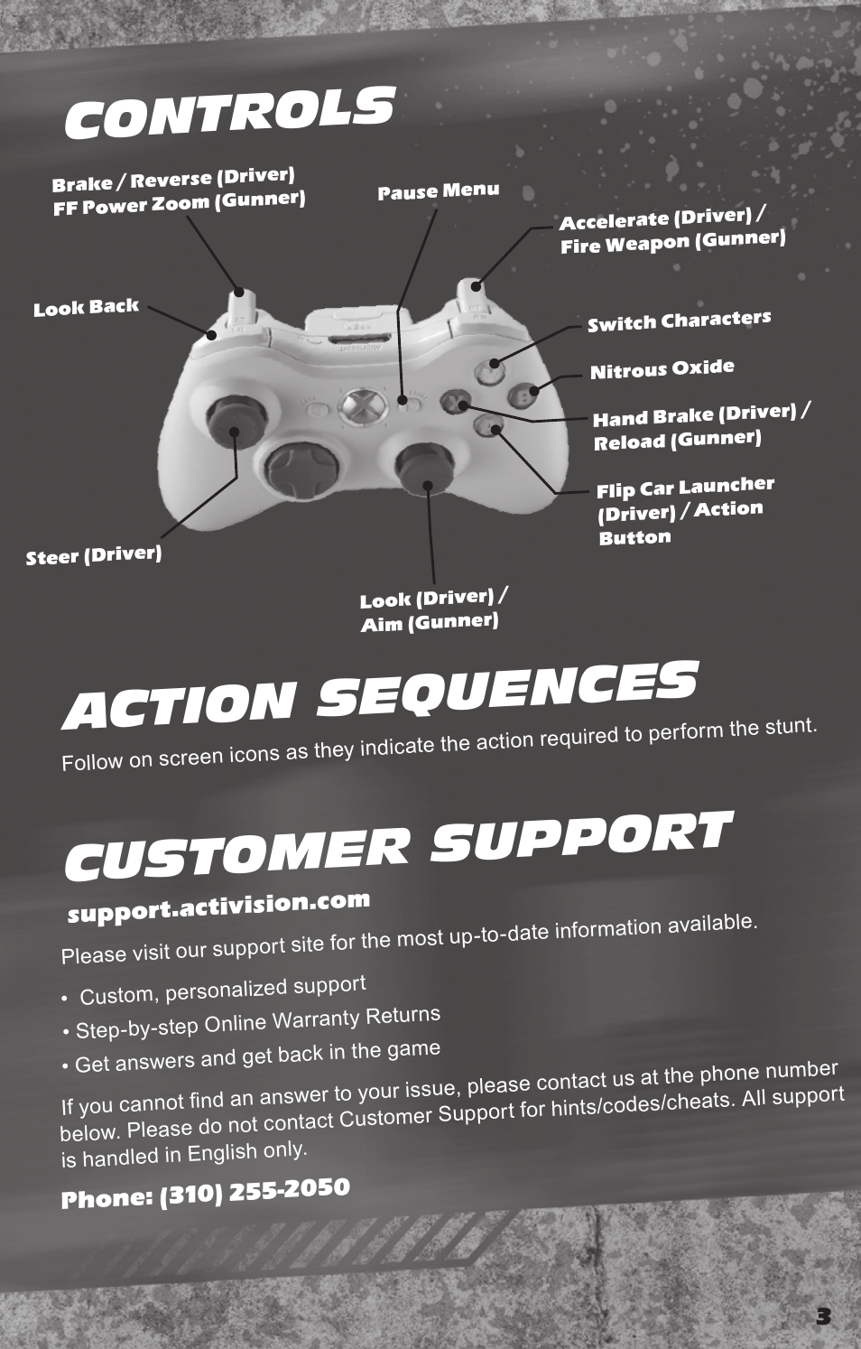 Controls action sequences, Customer suppo rt | Activision Fast & Furious: Showdown User Manual | Page 3 / 4