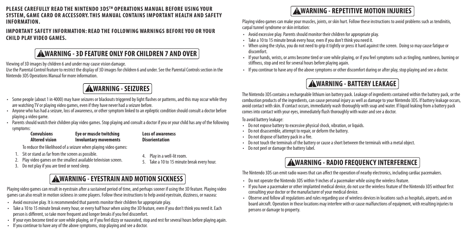 Warning - 3d feature only for children 7 and over, Warning - radio frequency interference, Warning - eyestrain and motion sickness | Warning - seizures | Activision Ice Age: Continental Drift User Manual | Page 2 / 6