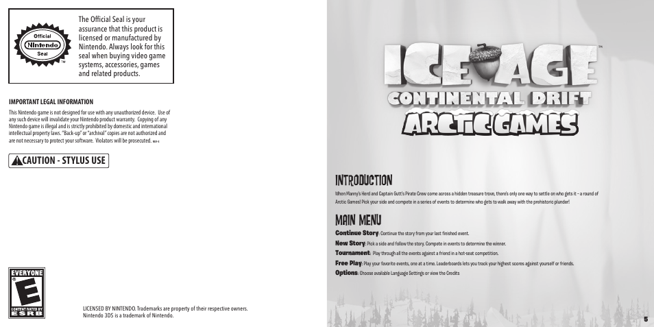 Introduction, Main menu, Caution - stylus use | Activision Ice Age: Continental Drift User Manual | Page 3 / 6