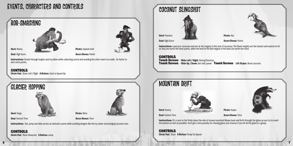 Events, characters and controls bob-smashing, Glacier hopping, Coconut slingshot | Mountain drift | Activision Ice Age: Continental Drift User Manual | Page 4 / 6