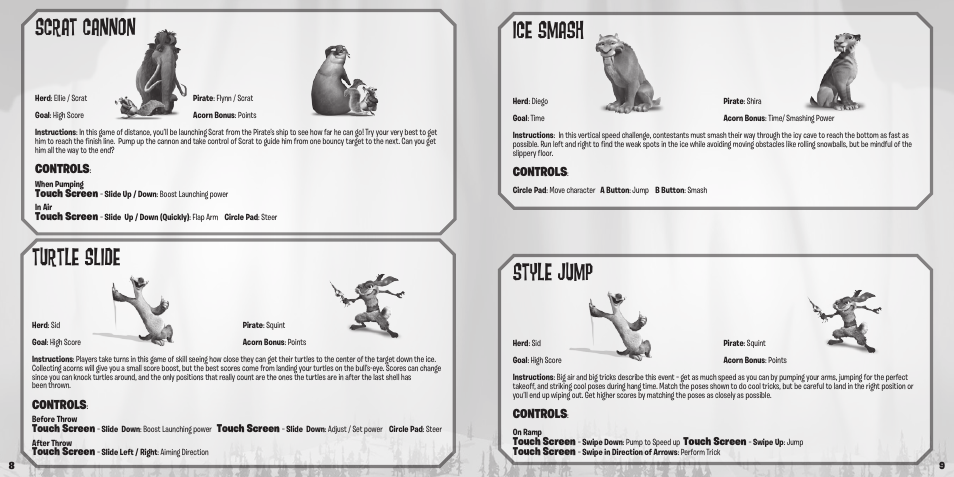 Scrat cannon, Turtle slide, Ice smash | Style jump, Controls | Activision Ice Age: Continental Drift User Manual | Page 5 / 6