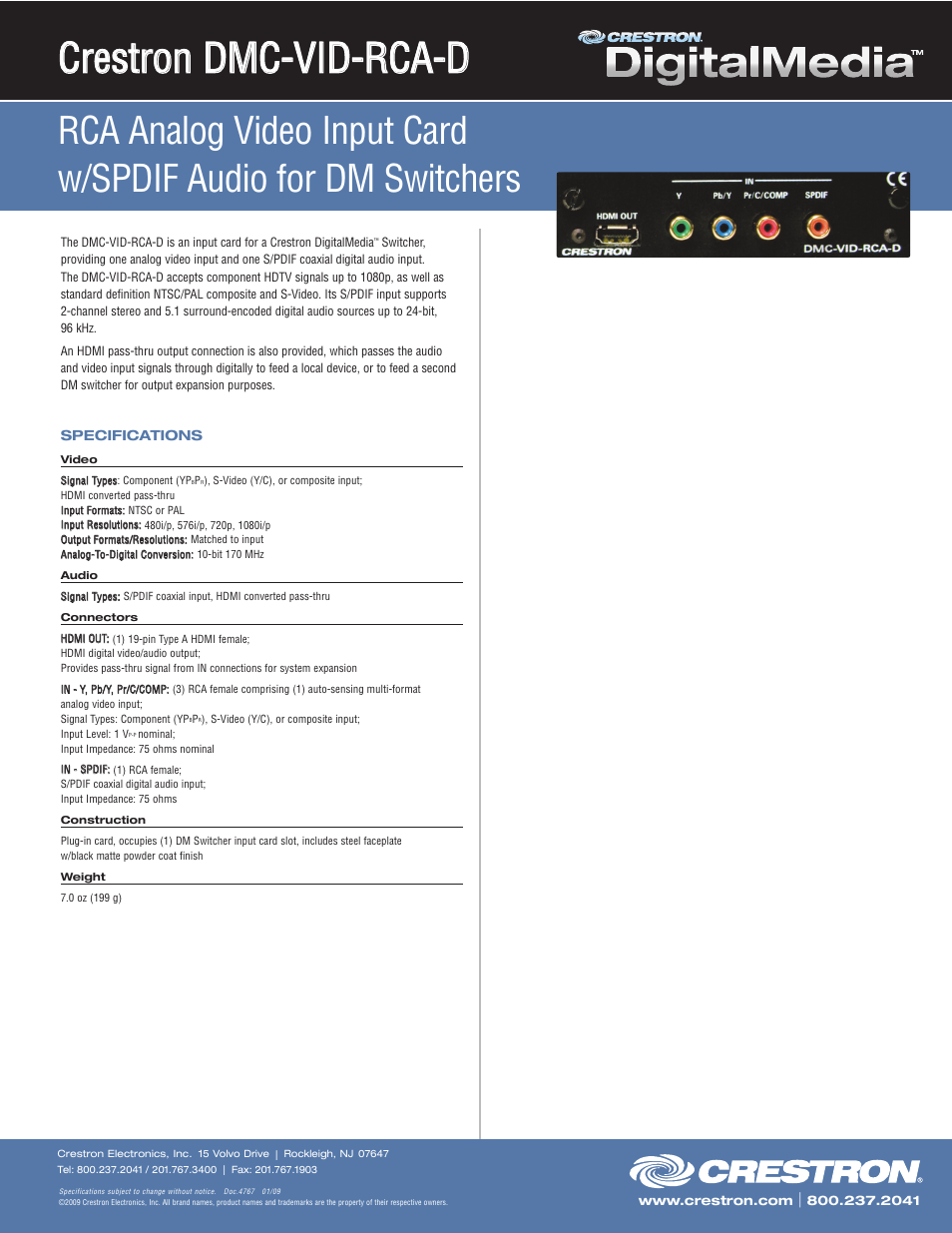 Crestron electronic DigitalMedia DMC-VID-RCA-D User Manual | 1 page
