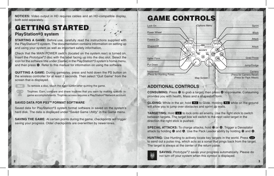 Getting started, Game controls, Playstation | 3 system, Additional controls | Activision Prototype 2 User Manual | Page 3 / 6