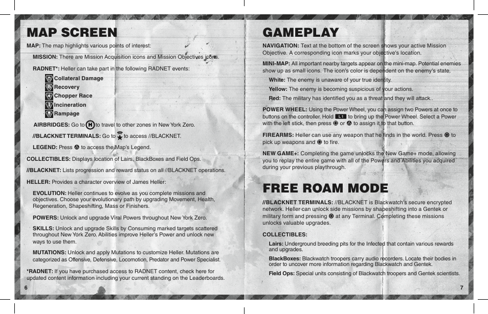 Map screen, Gameplay, Free roam mode | Activision Prototype 2 User Manual | Page 5 / 6