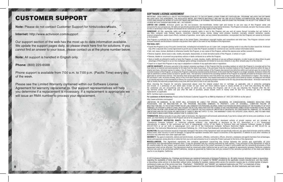 Customer support | Activision Prototype 2 User Manual | Page 6 / 6