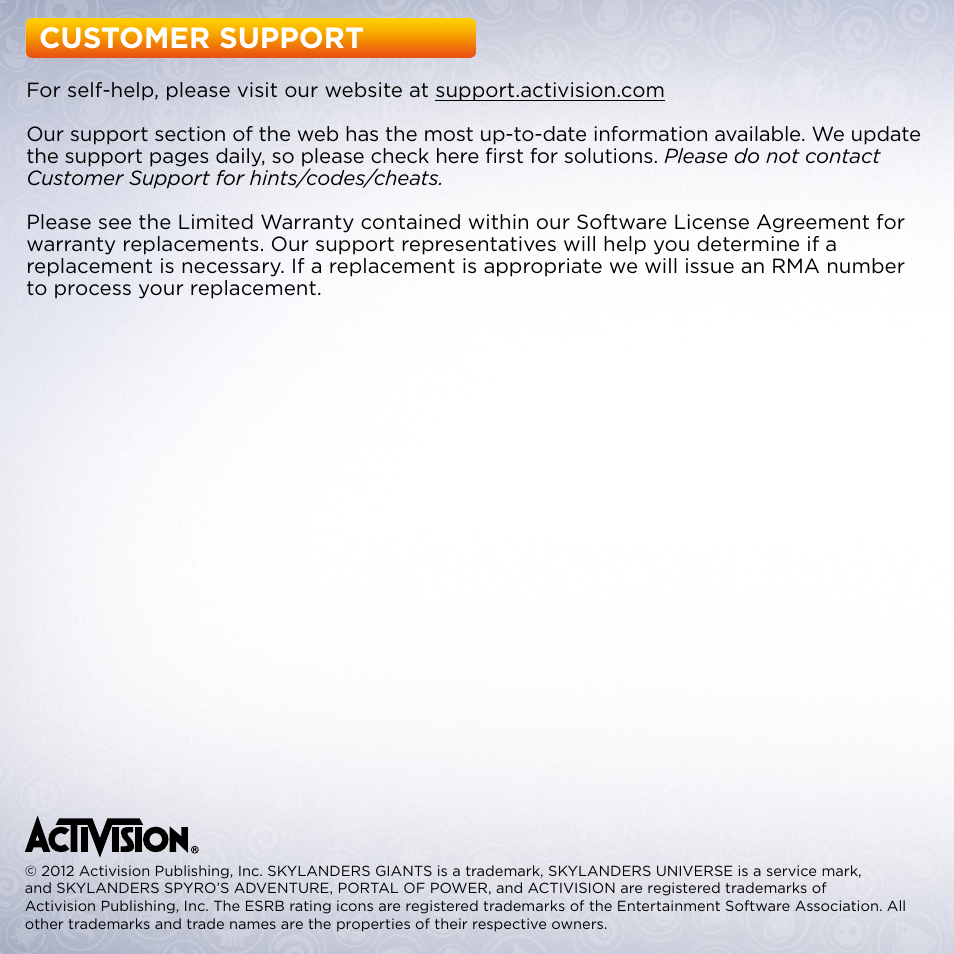 Customer support | Activision Skylanders Giants User Manual | Page 14 / 14