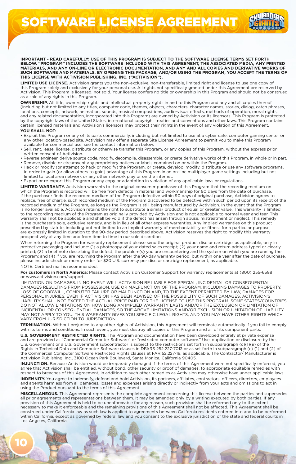 Software license agreement | Activision Skylanders Giants User Manual | Page 12 / 13