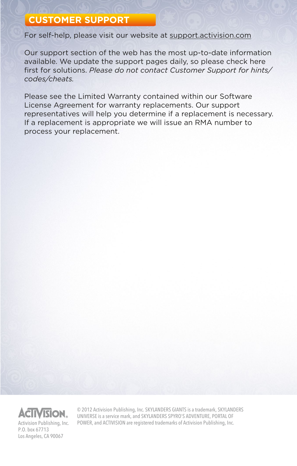 Customer support | Activision Skylanders Giants User Manual | Page 13 / 13
