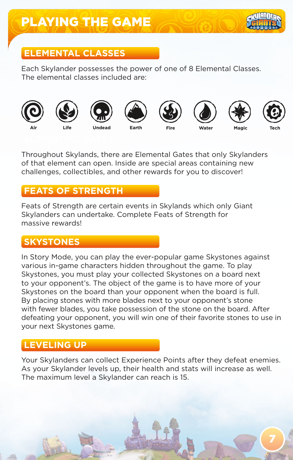 Playing the game, Elemental classes, Elemental gates | Feats of strength, Skystones, Leveling up | Activision Skylanders Giants User Manual | Page 9 / 13