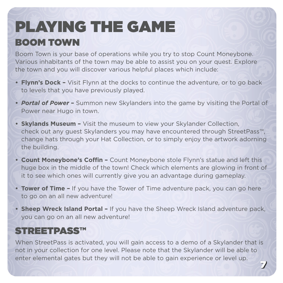 Playing the game, 7boom town, Streetpass | Activision Skylanders SWAP Force User Manual | Page 11 / 12