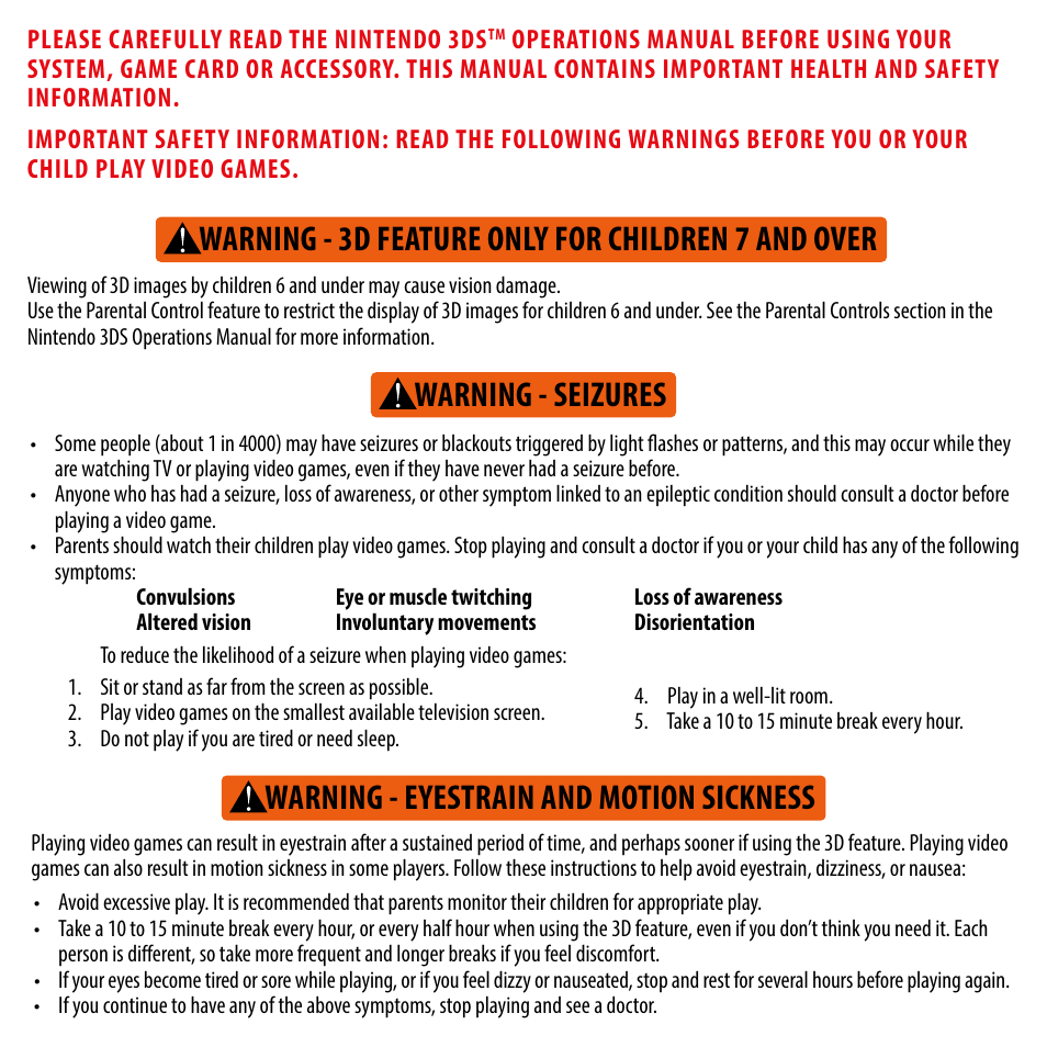 Warning - 3d feature only for children 7 and over, Warning - eyestrain and motion sickness, Warning - seizures | Activision Skylanders SWAP Force User Manual | Page 2 / 12