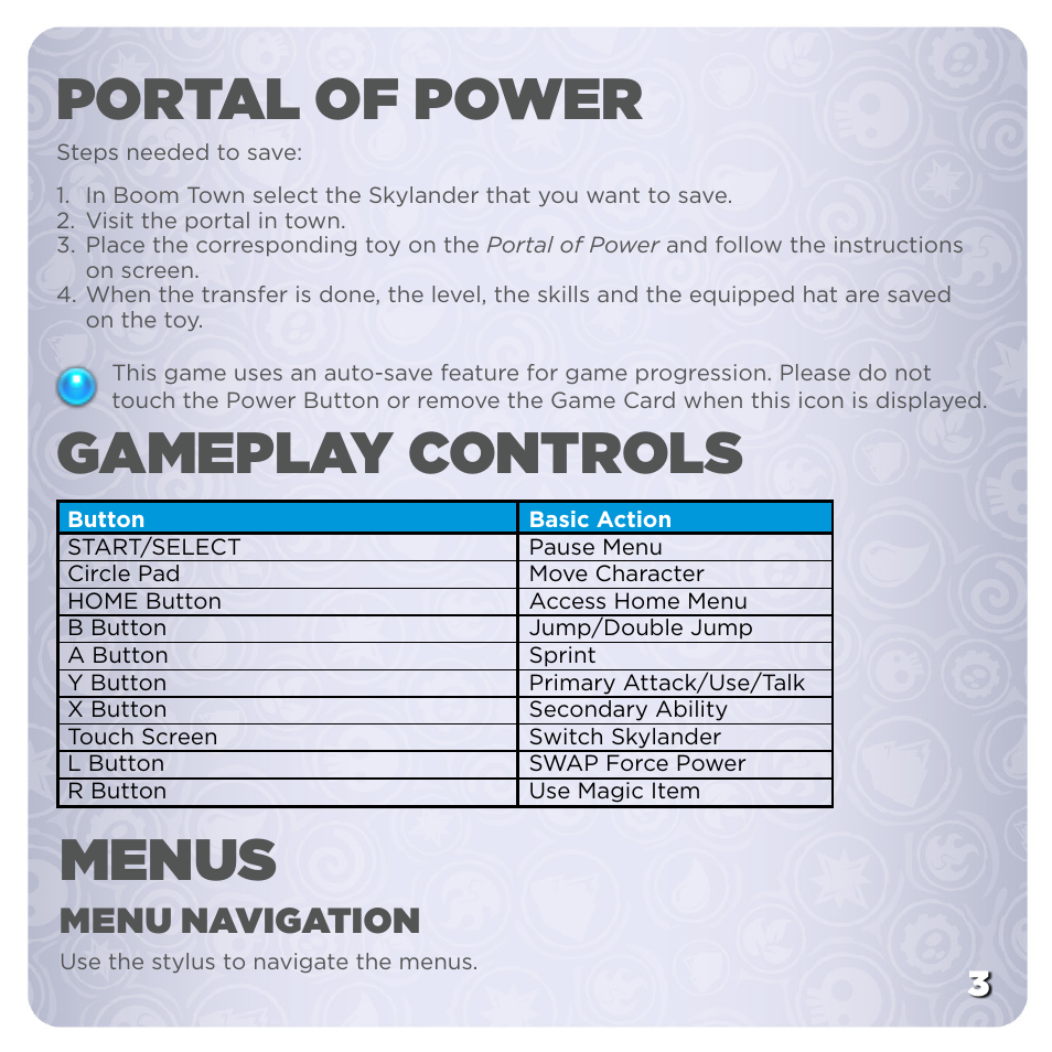 Portal of power gameplay controls, Menus, Menu navigation | Activision Skylanders SWAP Force User Manual | Page 7 / 12